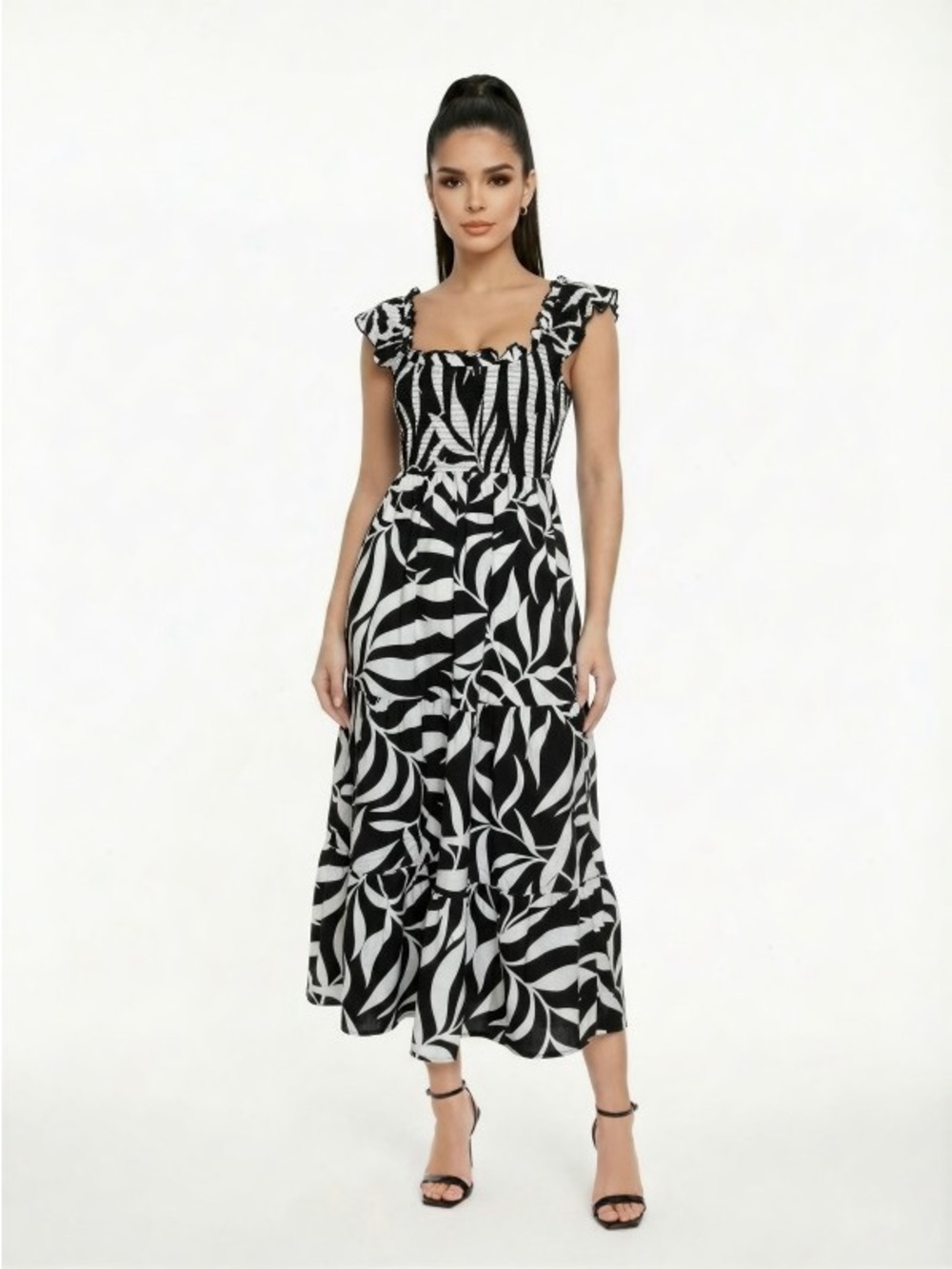 Black & White Leaf-Print Square Neck Midi Dress